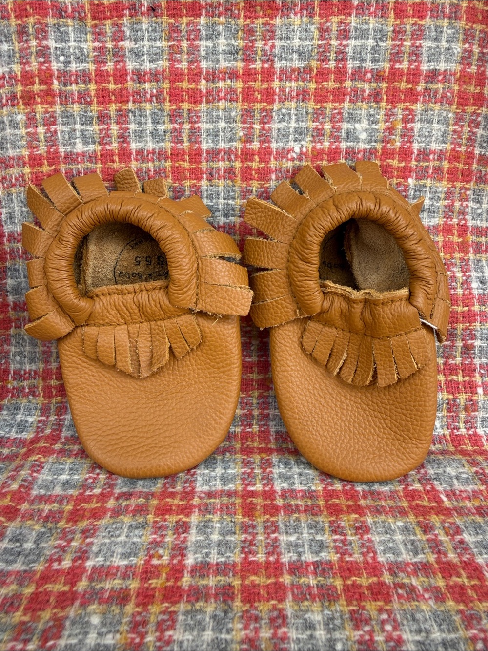 BIRDROCK boho baby Leather Fringe Moccasins - tan Brown size 6,5 NWOT
